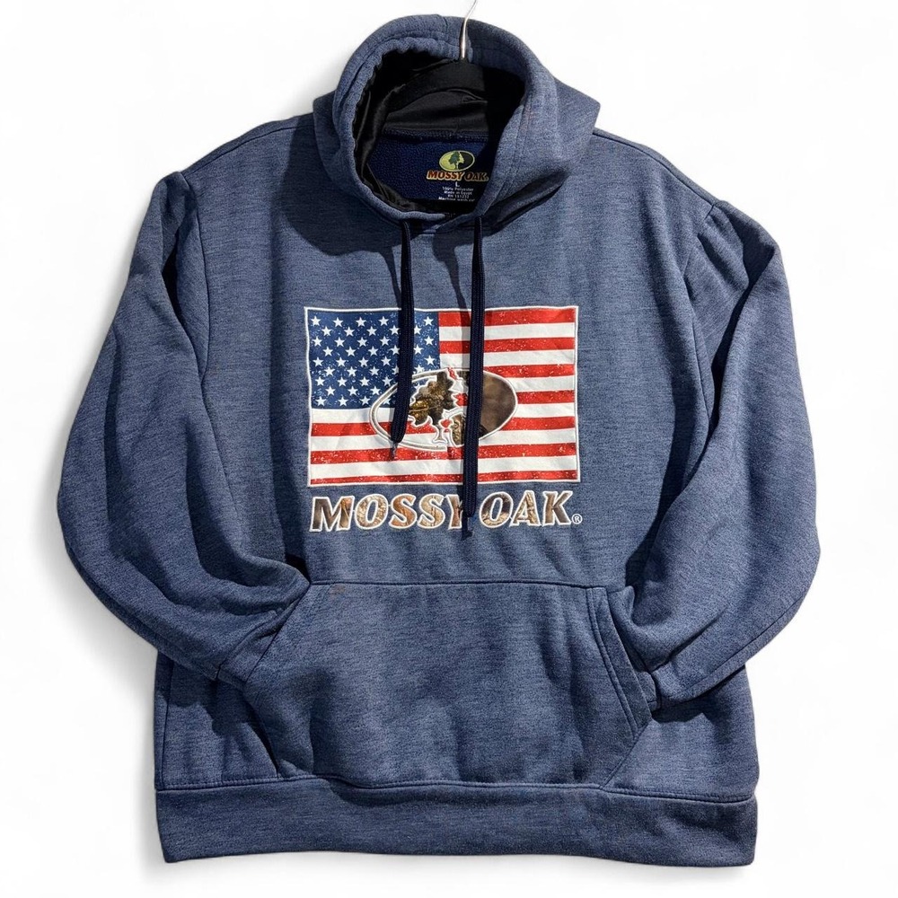 Mossy Oak Mens American Flag Hoodie Navy Blue Patriotic Camo Logo Sweatshirt L